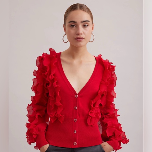 Anne Fontaine Sweaters - Anne Fontaine Celine Cardigan Elegant Red Ruffle Sweater, size 12 or 44 Parisian